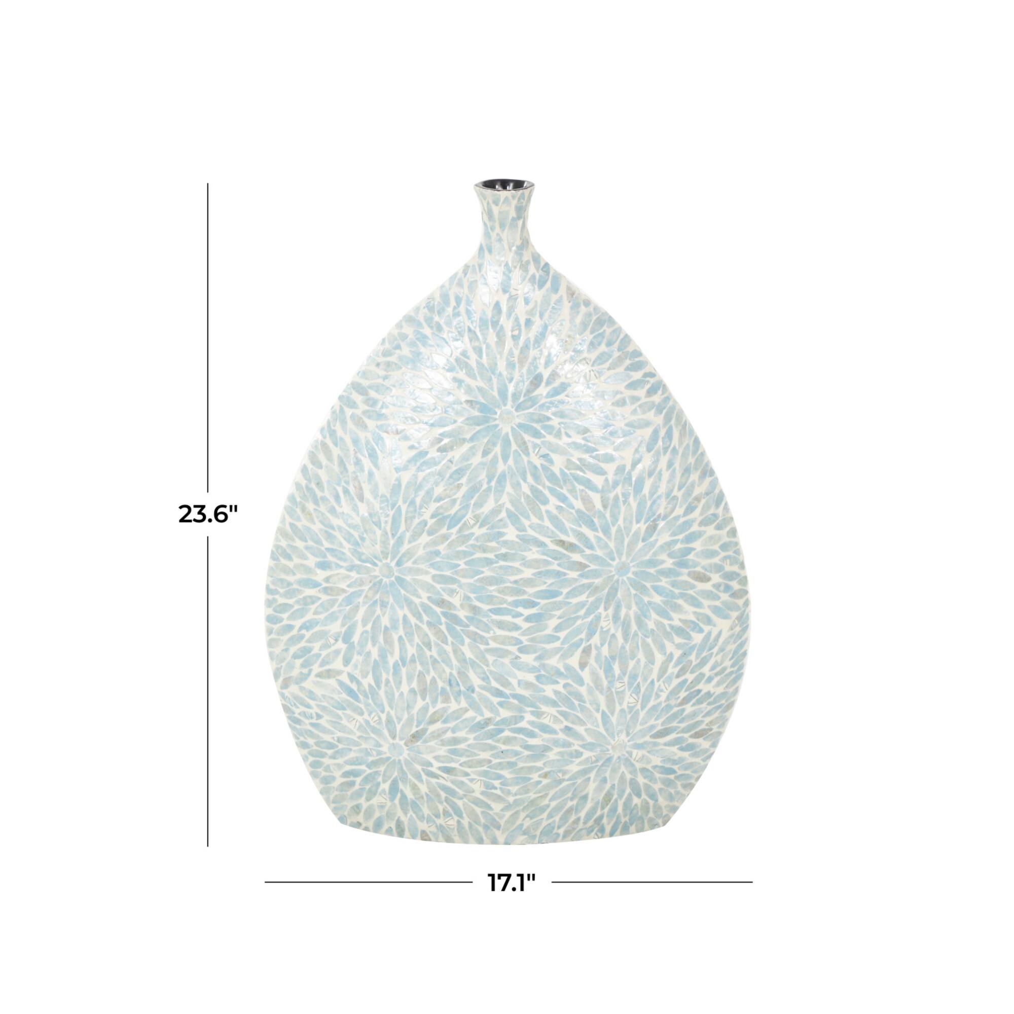 24" Light Blue Mother of Pearl Shell Floral Handmade Large Mosaic Vase with Cream Underlay